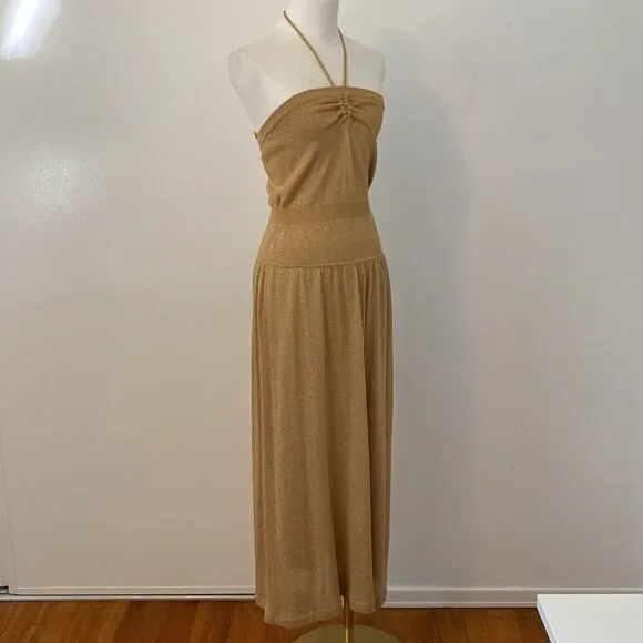 BCBG Gold Metallic Sweater Knit Halter Midi Dress Size Large - Picture 5 of 13